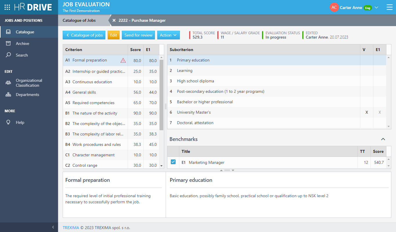 Evaluation of the selected job