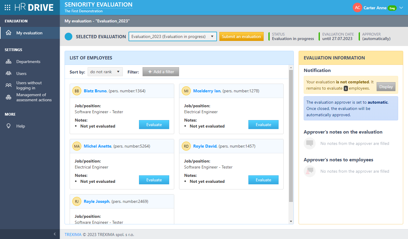 List of employees to be evaluated by the logged-in user