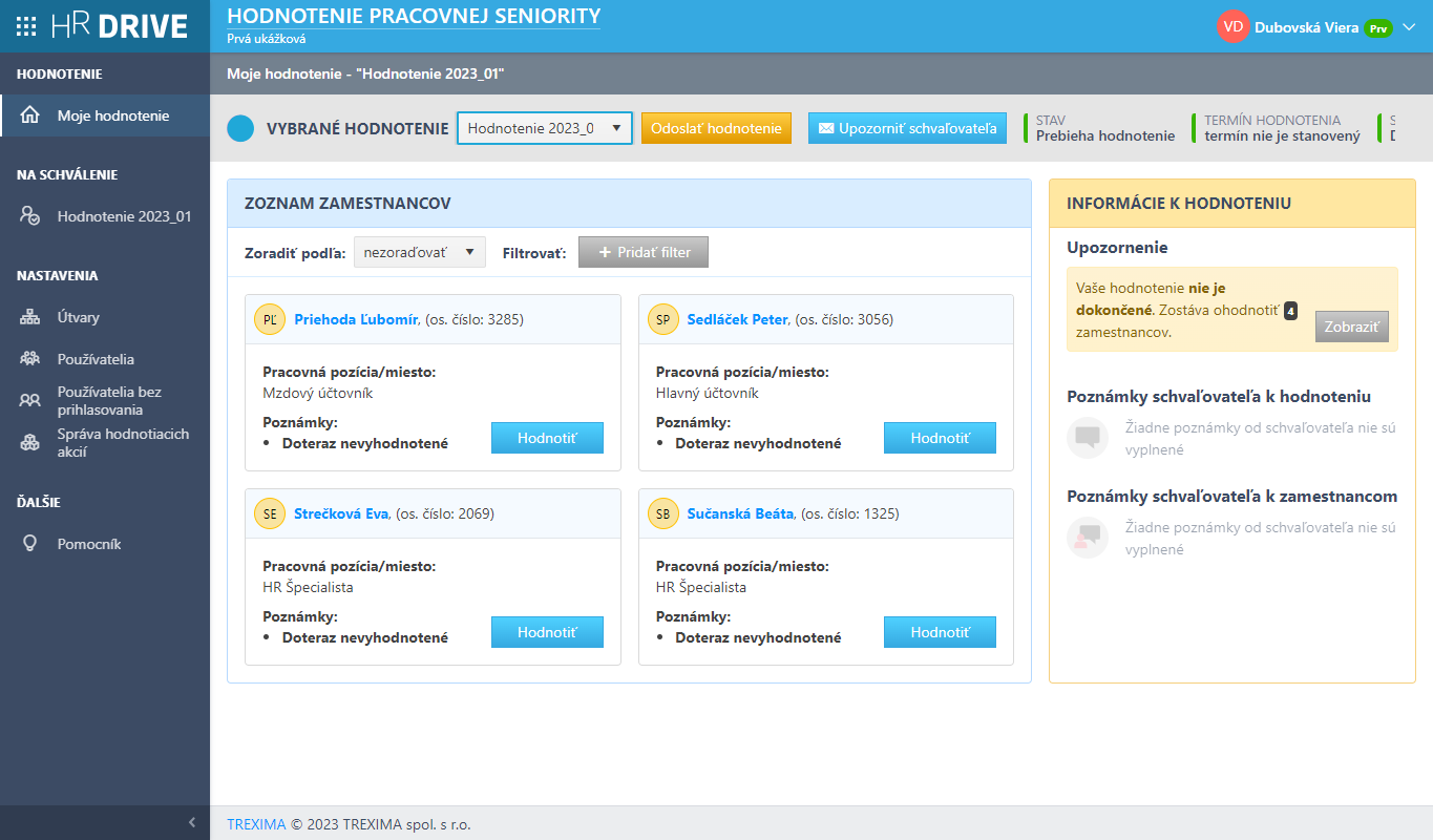 Zoznam zamestnancov, ktorých má prihlásený používateľ hodnotiť