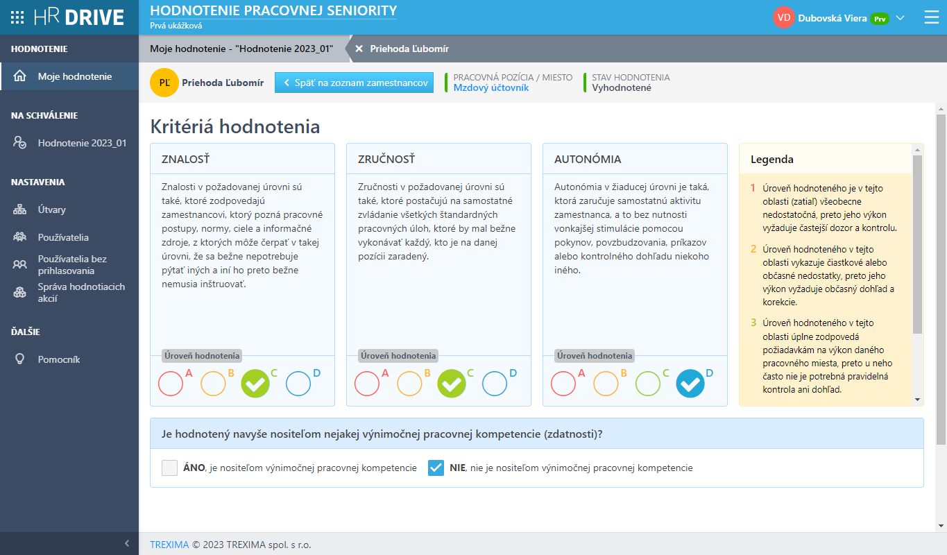 Hodnotenie vybraného zamestnanca