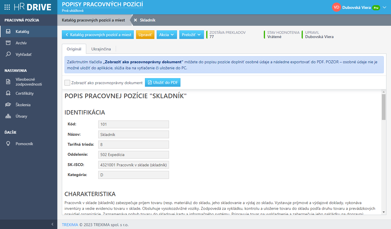 Náhľad na popis vybranej pracovnej pozície