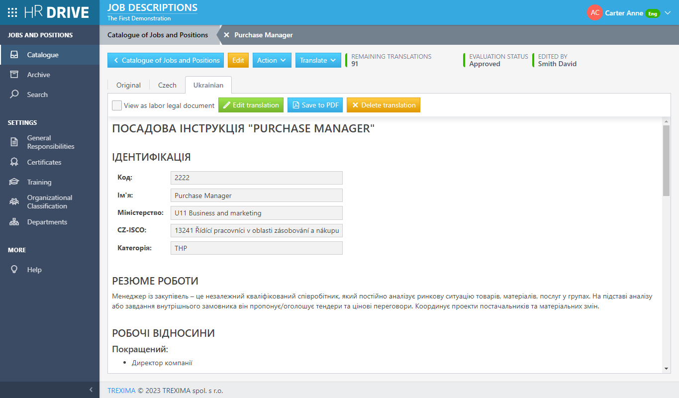 Sample machine translation of a job description