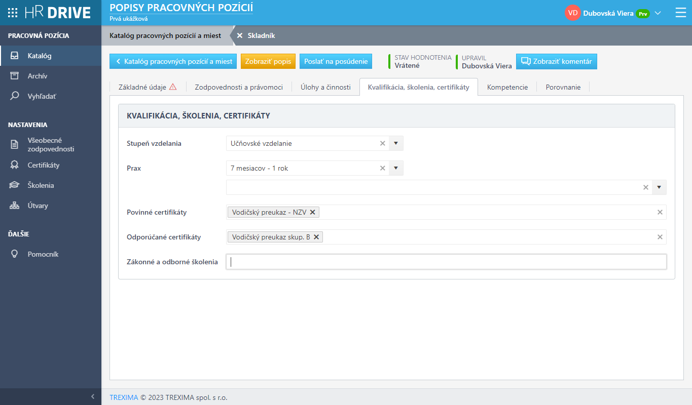 Editácia popisu pracovnej pozície