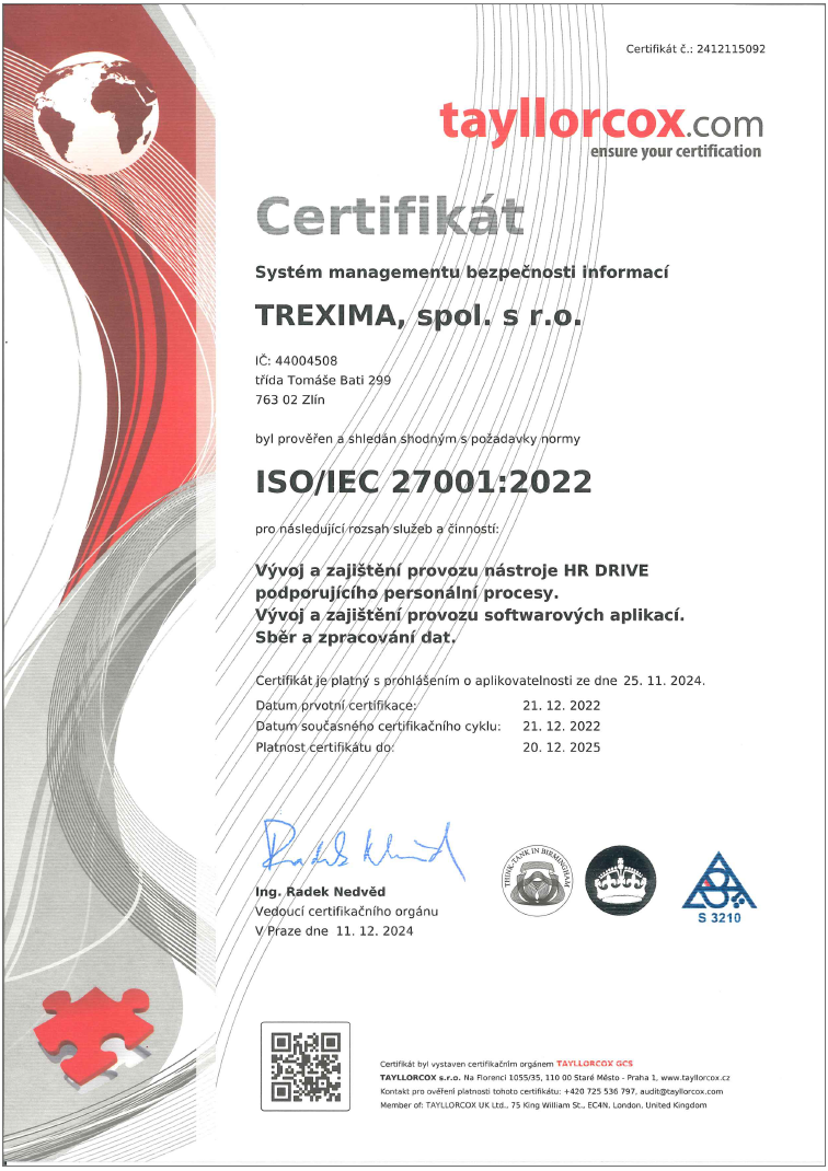HR Drive - Certifikát -  ISO/IEC 27001:2022